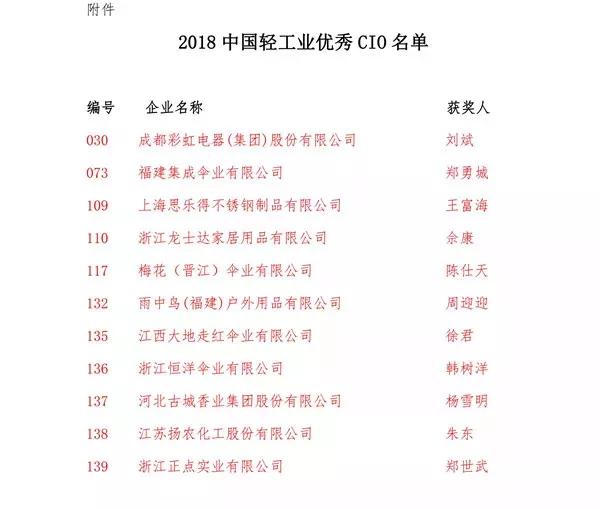 中国轻工业优秀CIO名单